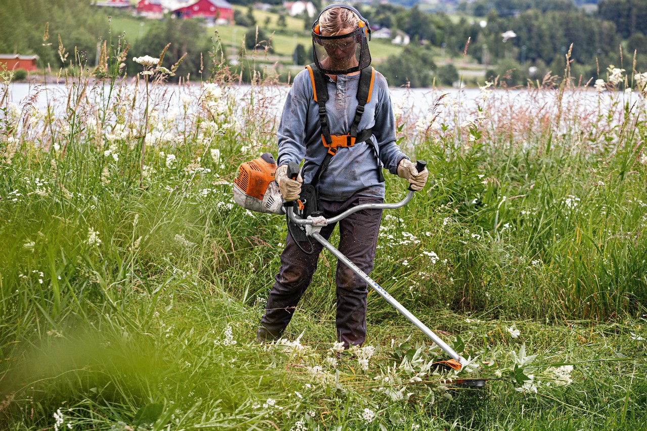 Una mujer corta la hierba alta en un lago con la desbrozadora STIHL FS 240 y el protector facial