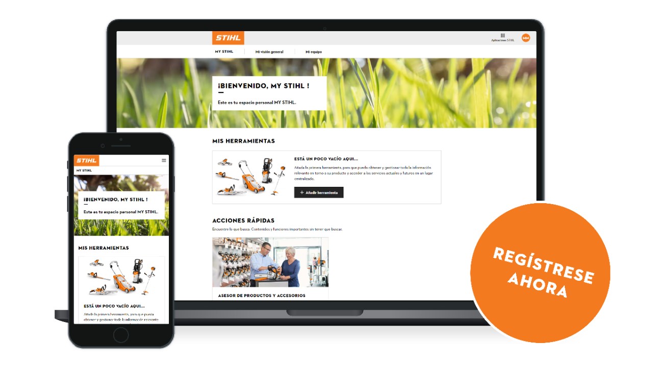El portal de clientes MY STIHL en un ordenador portátil y un smartphone