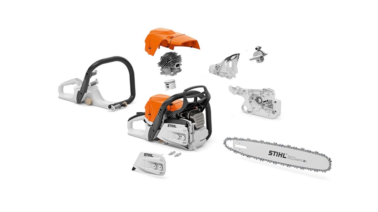Componentes separados de una motosierra de gasolina STIHL MS 400 C-M, incluido un pistón de magnesio.